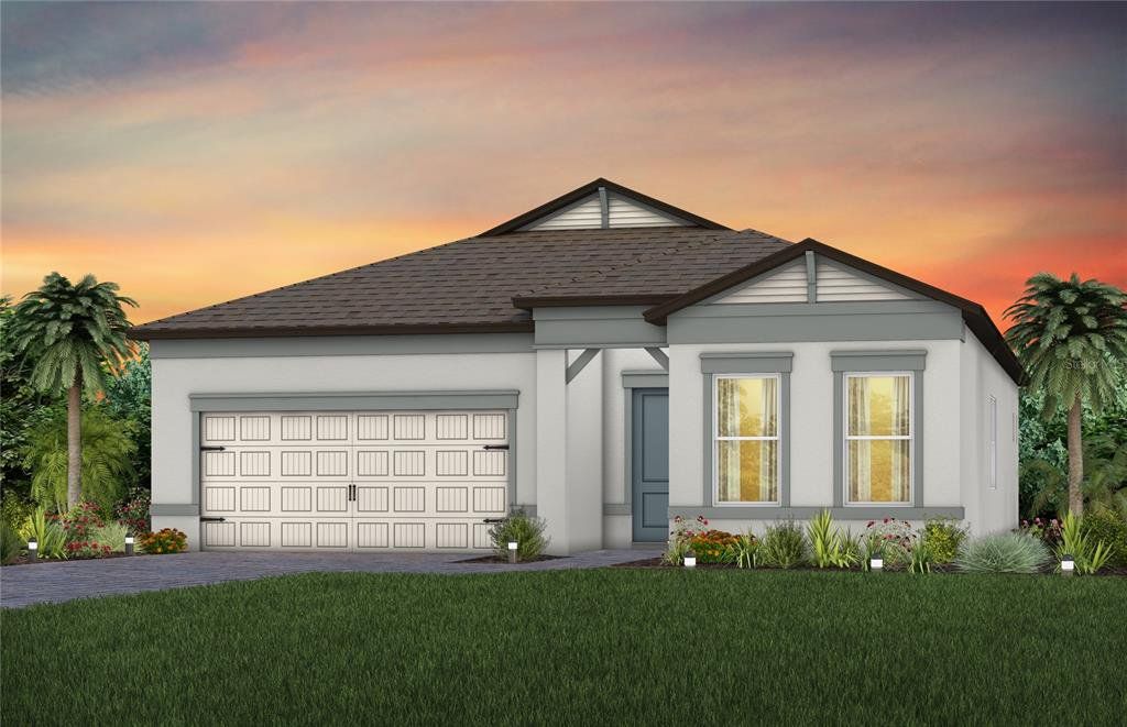 Front exterior of a new home in Del Webb Sunchase, Parrish, FL, highlighting curb appeal (Image 1). Front exterior of a new home in Del Webb Sunchase, Parrish, FL, highlighting curb appeal (Image 1).