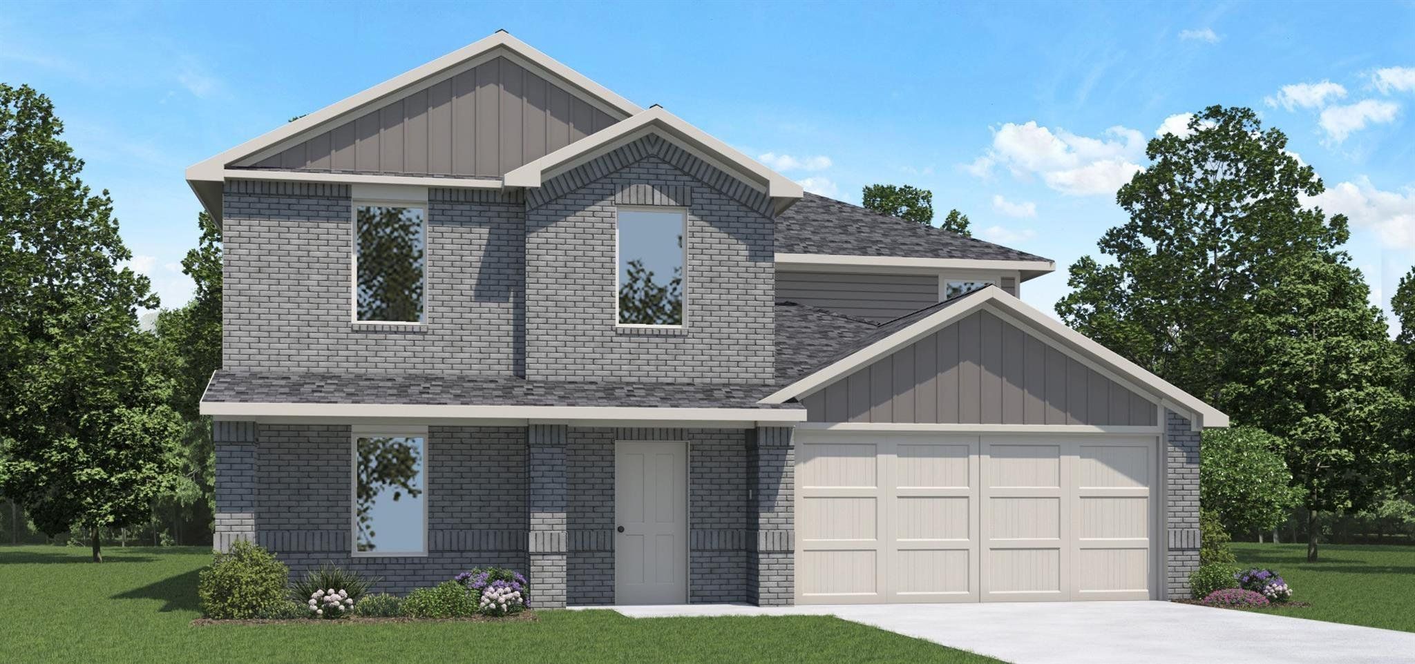 Front exterior of a new home in Sunterra Lakes, Brookshire, TX, highlighting curb appeal (Image 1). Front exterior of a new home in Sunterra Lakes, Brookshire, TX, highlighting curb appeal (Image 1).