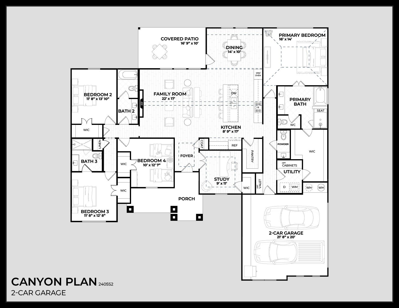 2D floor plan layout for the Canyon by Dunhill Homes in Matthews Farms, Venus, TX (Image 1). 2D floor plan layout for the Canyon by Dunhill Homes in Matthews Farms, Venus, TX (Image 1).