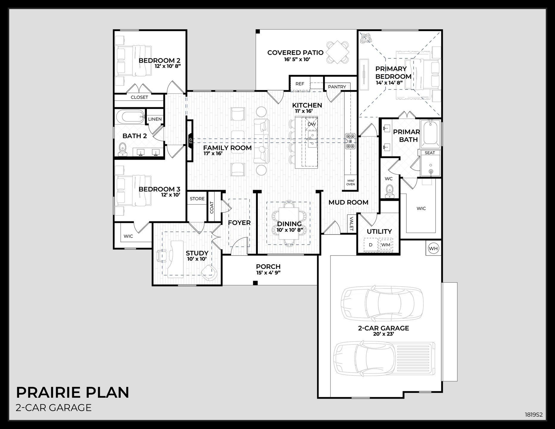 2D floor plan layout for the Prairie by Dunhill Homes in Matthews Farms, Venus, TX (Image 1). 2D floor plan layout for the Prairie by Dunhill Homes in Matthews Farms, Venus, TX (Image 1).
