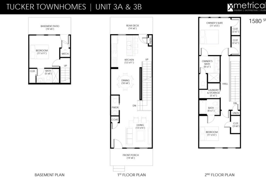 2D floor plan layout for the Plan 1580 by Intown Builders, LLC in Avenue at Oakland City, Atlanta, GA (Image 1).