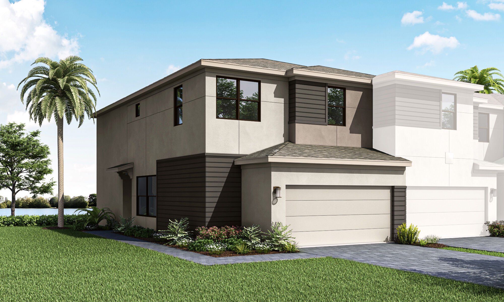 Front exterior of a new home in Tradition - Cadence - Townhomes, Port St. Lucie, FL, highlighting curb appeal (Image 1).