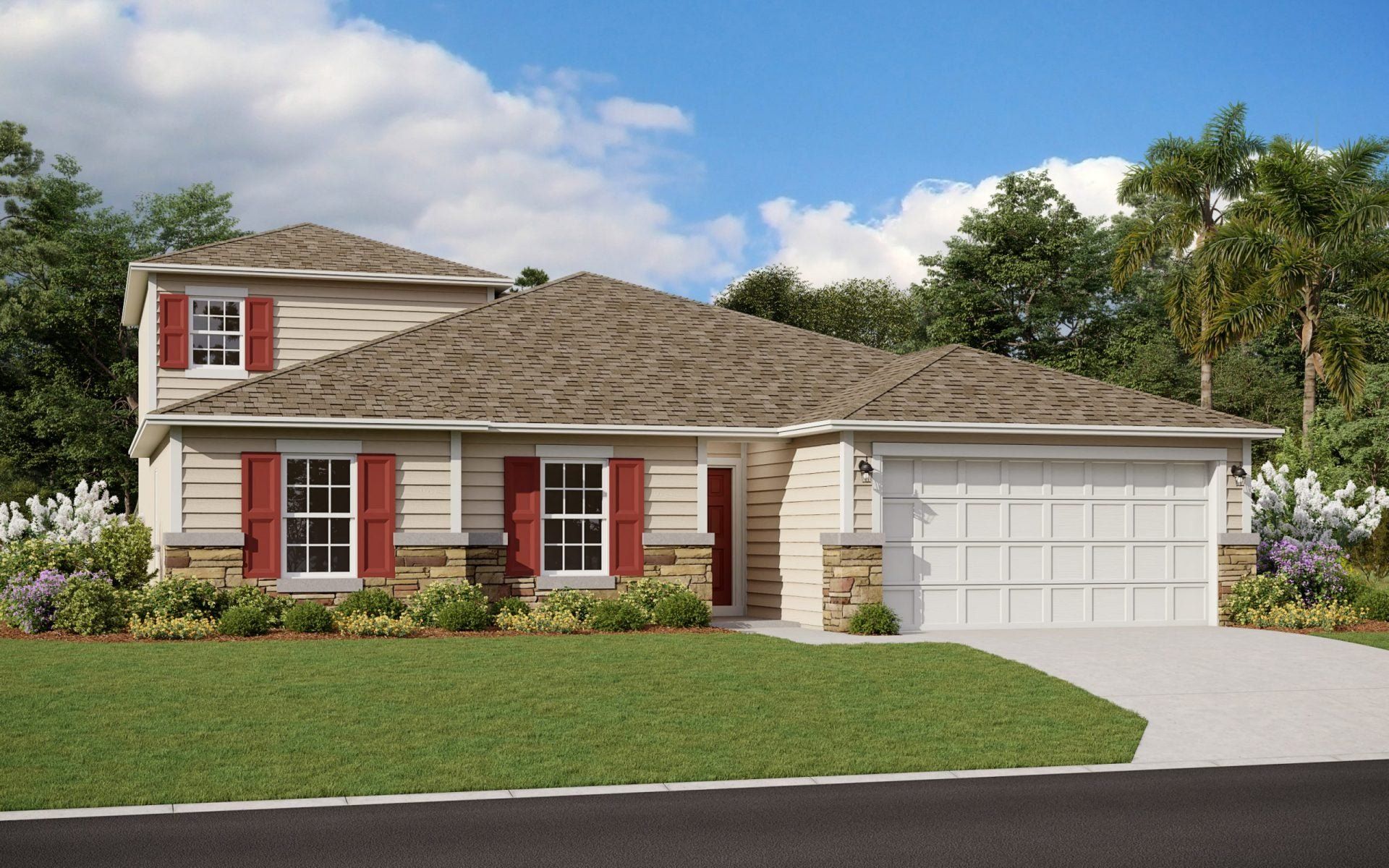 Front exterior of a new home in Bellbrooke, Jacksonville, FL, highlighting curb appeal (Image 1). Front exterior of a new home in Bellbrooke, Jacksonville, FL, highlighting curb appeal (Image 1).