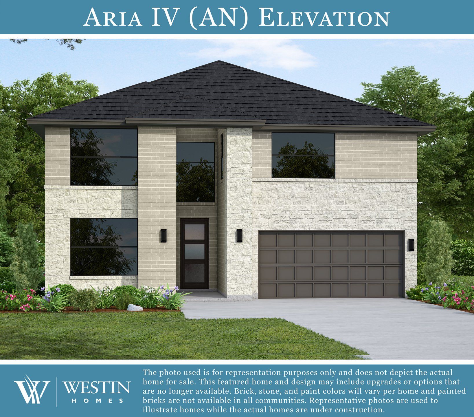 Representative exterior photo of a completed home built from the The Aria IV by Westin Homes in Meridiana, Manvel, TX (Image 1). Representative exterior photo of a completed home built from the The Aria IV by Westin Homes in Meridiana, Manvel, TX (Image 1).