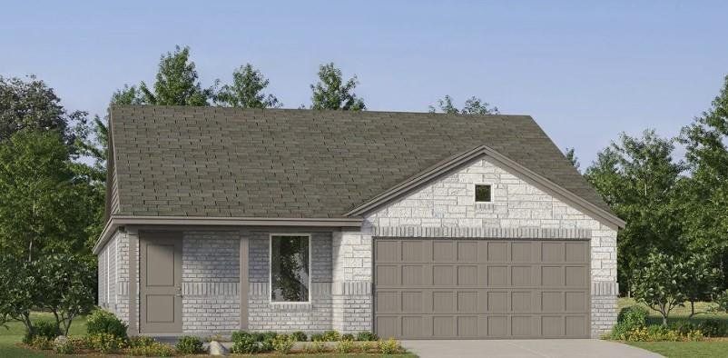 Two-tone brick and stone exterior with a paneled garage door and an asphalt shingle roof Two-tone brick and stone exterior with a paneled garage door and an asphalt shingle roof
