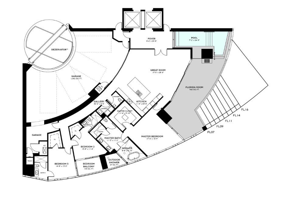 2D floor plan layout for the RESIDENCE AZURE 07 - 16 by Dezer Development in Bentley Residences, Sunny Isles Beach, FL (Image 1).
