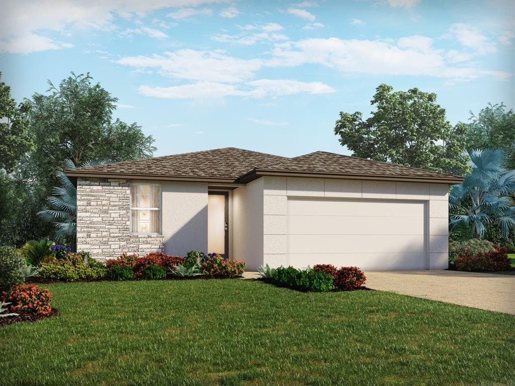 Front exterior of a new home in The Reserve at Twin Lakes, St. Cloud, FL, highlighting curb appeal (Image 1).