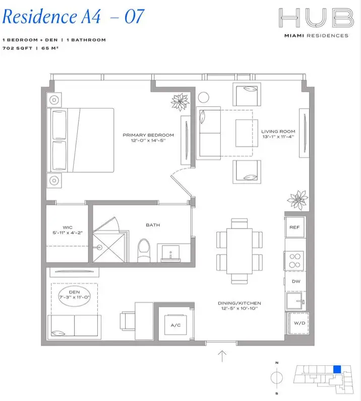 2D floor plan layout for the Residence A4 07 by The John Buck Company in HUB Miami, Miami, FL (Image 1).