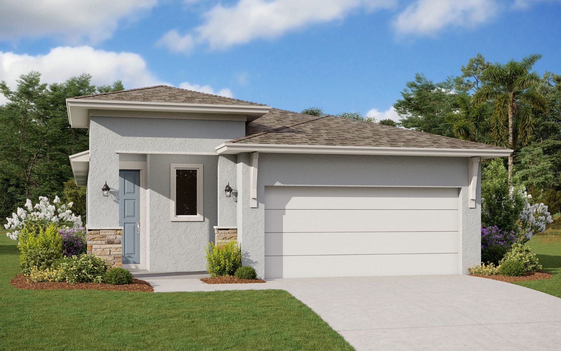 Front exterior of a new home in Hills of Minneola, Minneola, FL, highlighting curb appeal (Image 1).