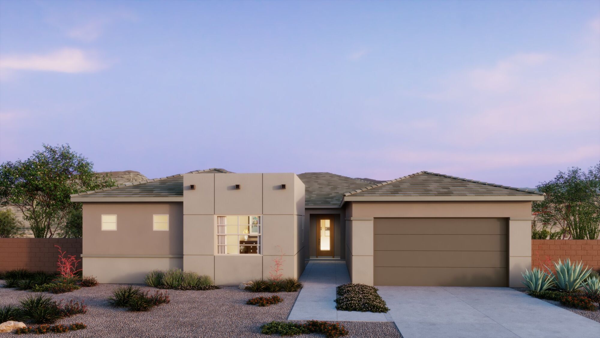 Front exterior of a new home in Saguaro Reserve II, Marana, AZ, highlighting curb appeal (Image 1). Front exterior of a new home in Saguaro Reserve II, Marana, AZ, highlighting curb appeal (Image 1).