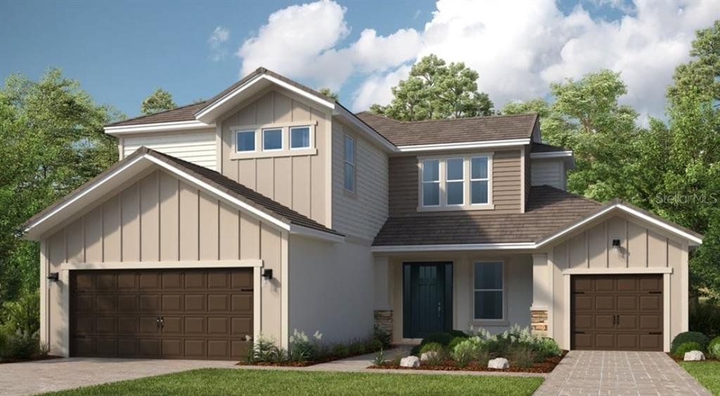 Front exterior of a new home in Hammock at Two Rivers, Zephyrhills, FL, highlighting curb appeal (Image 1). Front exterior of a new home in Hammock at Two Rivers, Zephyrhills, FL, highlighting curb appeal (Image 1).