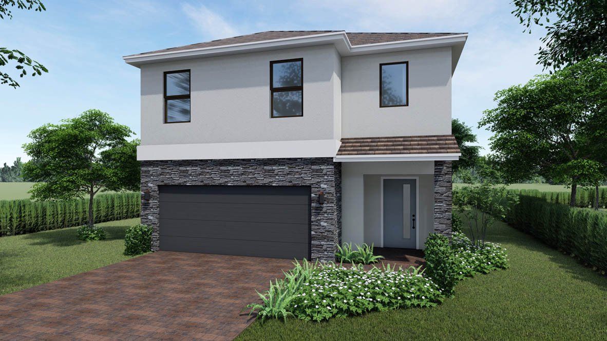 Front exterior of a new home in Messina Place, Homestead, FL, highlighting curb appeal (Image 1). Front exterior of a new home in Messina Place, Homestead, FL, highlighting curb appeal (Image 1).