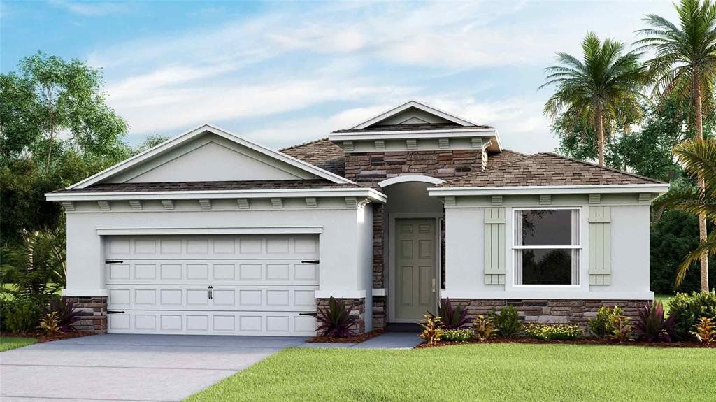 Front exterior of a new home in Farm at Varrea, Plant City, FL, highlighting curb appeal (Image 1). Front exterior of a new home in Farm at Varrea, Plant City, FL, highlighting curb appeal (Image 1).