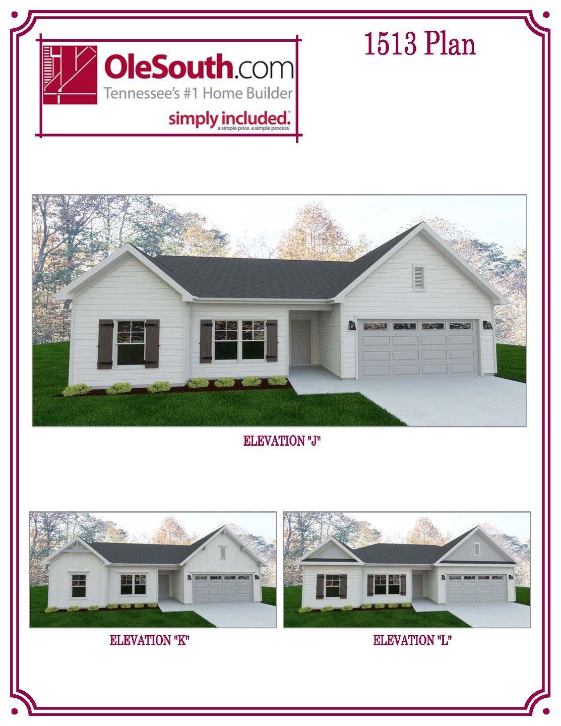 Representative exterior photo of a completed home built from the 1513 Elevation JKL by Ole South in Finch Branch, La Vergne, TN (Image 1).