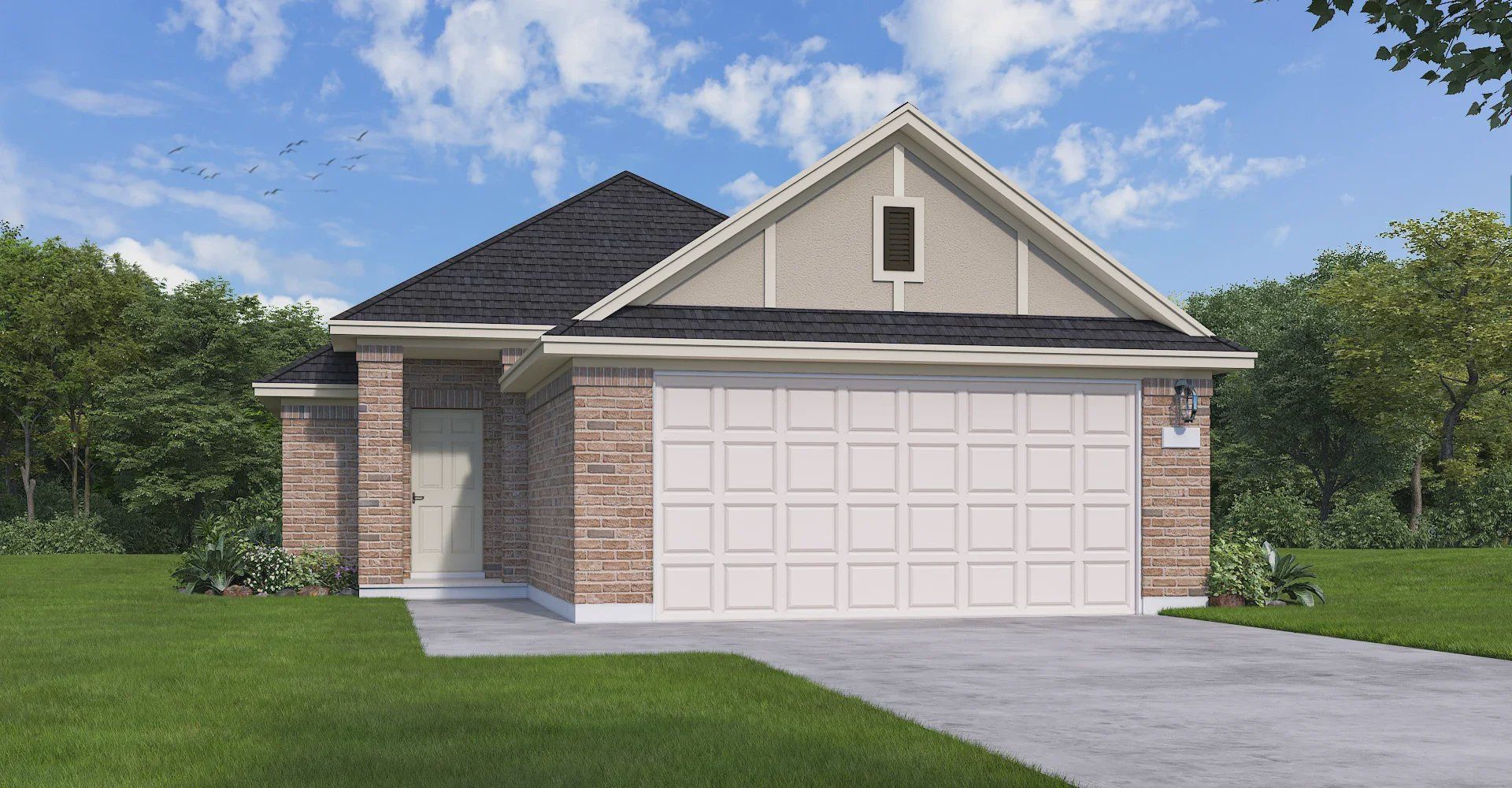 Front exterior of a new home in The Trails, New Caney, TX, highlighting curb appeal (Image 1). Front exterior of a new home in The Trails, New Caney, TX, highlighting curb appeal (Image 1).
