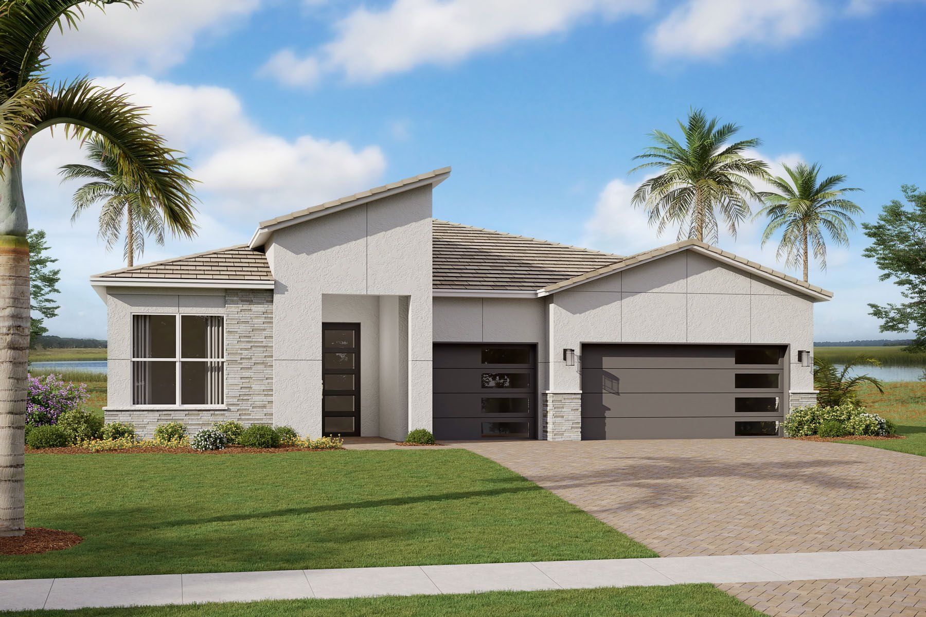 Front exterior of a new home in Tradition - Telaro, Port St. Lucie, FL, highlighting curb appeal (Image 1). Front exterior of a new home in Tradition - Telaro, Port St. Lucie, FL, highlighting curb appeal (Image 1).