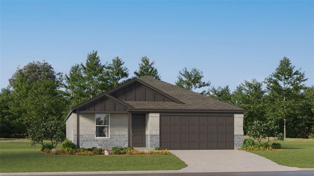 Contemporary single-story residence featuring a two-car garage, partial stone facade, and a covered entry Contemporary single-story residence featuring a two-car garage, partial stone facade, and a covered entry