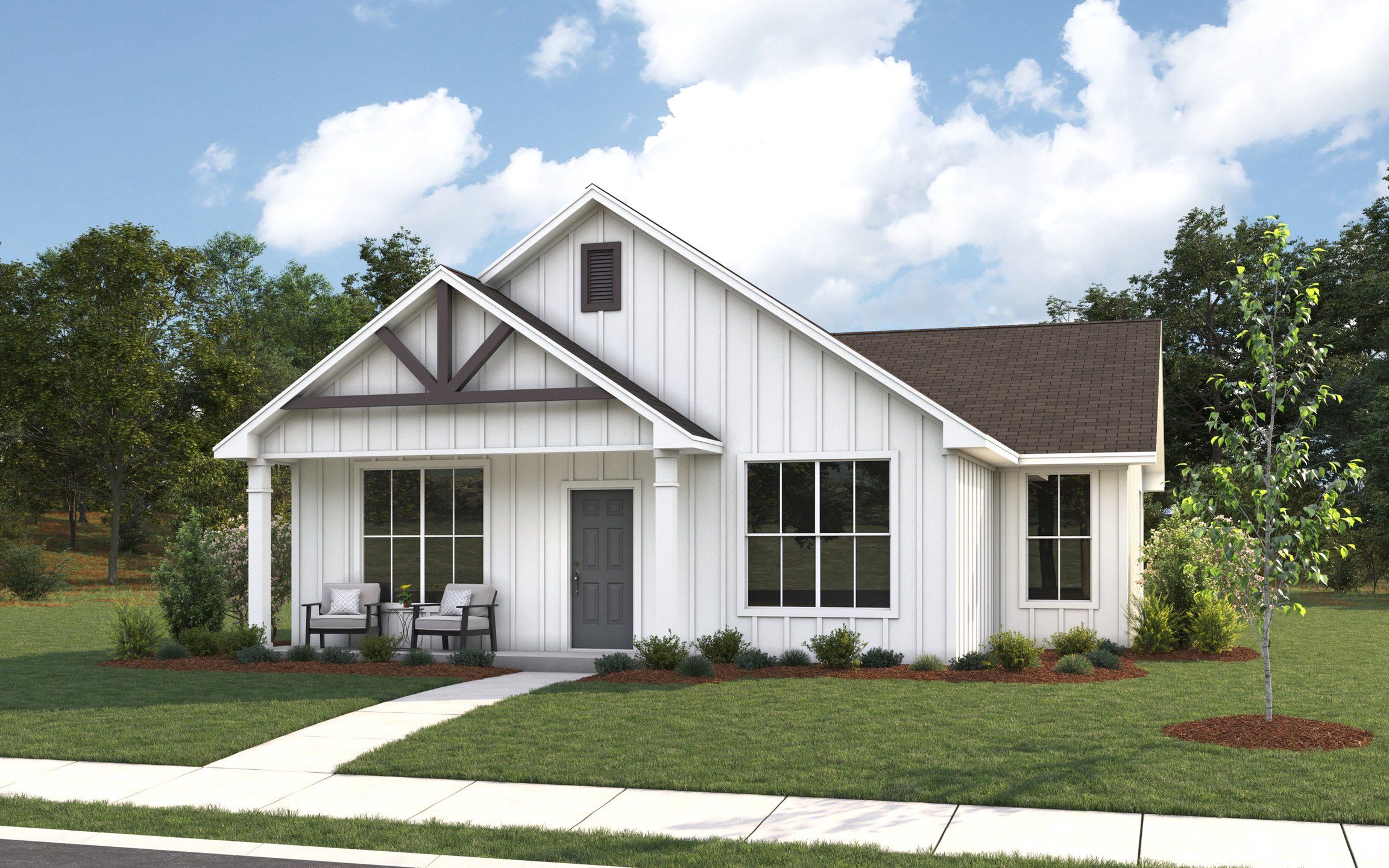 Front exterior of a new home in The Cottages at Pagosa Springs, Bryan, TX, highlighting curb appeal (Image 1). Front exterior of a new home in The Cottages at Pagosa Springs, Bryan, TX, highlighting curb appeal (Image 1).