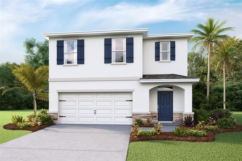 Front exterior of a new home in Angeline, Land O' Lakes, FL, highlighting curb appeal (Image 1). Front exterior of a new home in Angeline, Land O' Lakes, FL, highlighting curb appeal (Image 1).