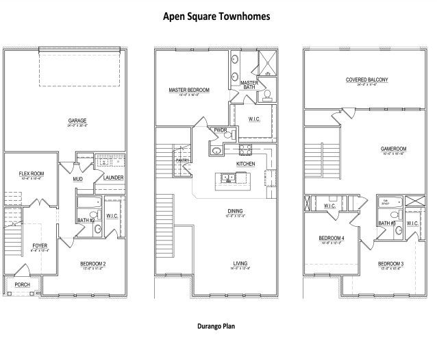 2D floor plan layout for the Durango by Aspen Square Homes in Aspen Square Townhomes, Irving, TX (Image 1).