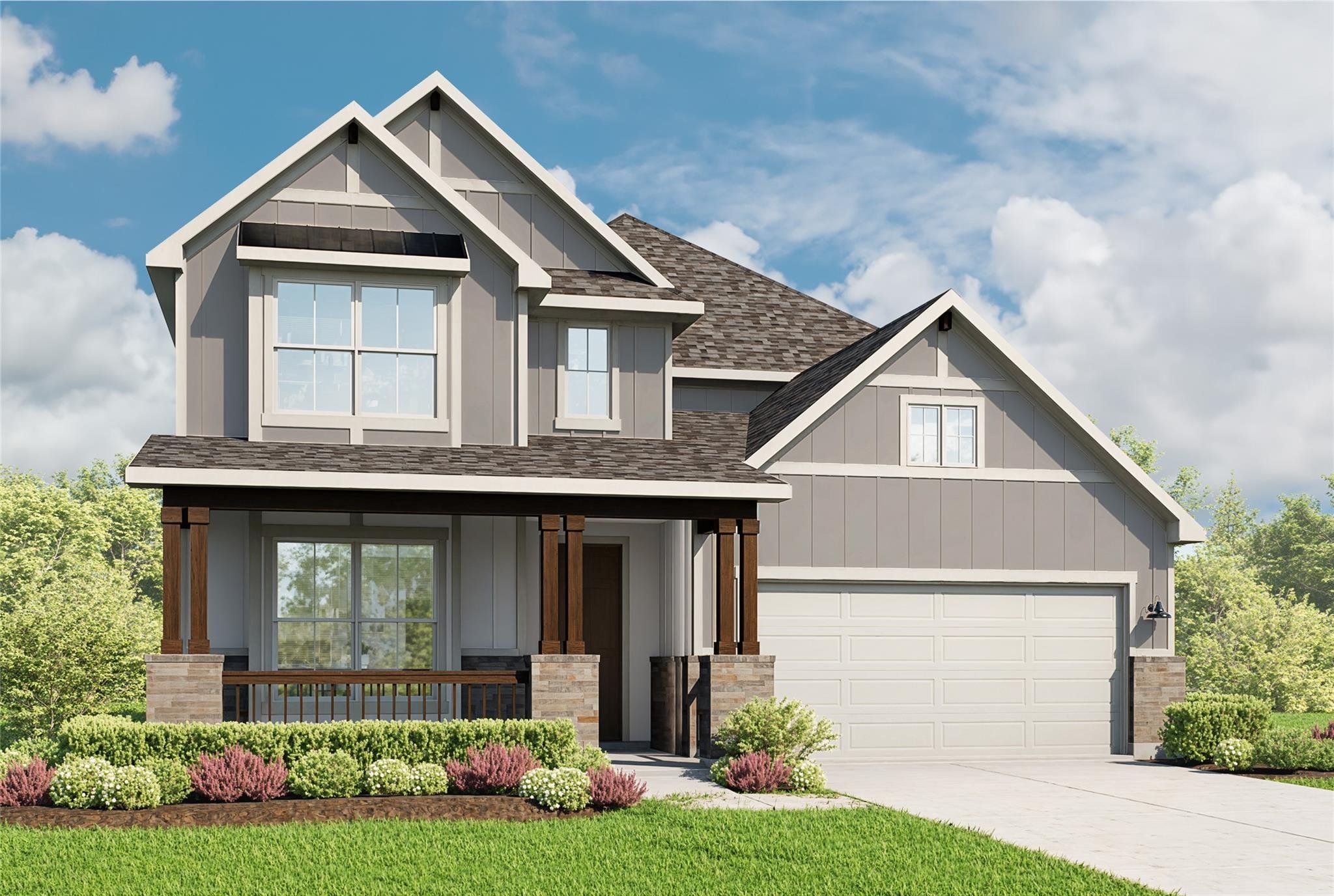 Craftsman-style house with a porch, roof with shingles, concrete driveway, a garage, and board and batten siding