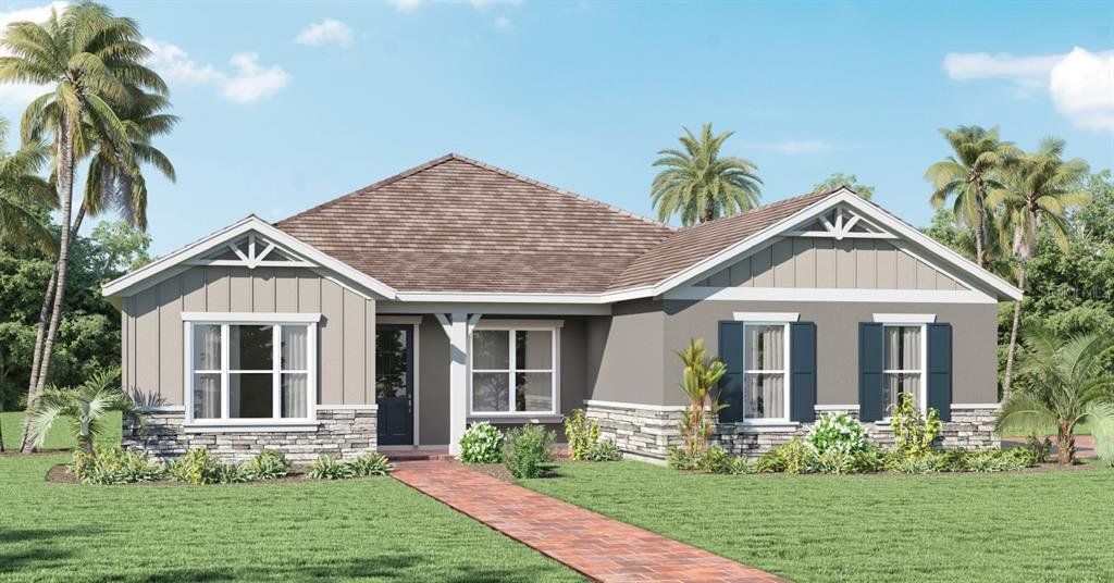 Front exterior of a new home in Buena Lago, St. Cloud, FL, highlighting curb appeal (Image 1). Front exterior of a new home in Buena Lago, St. Cloud, FL, highlighting curb appeal (Image 1).