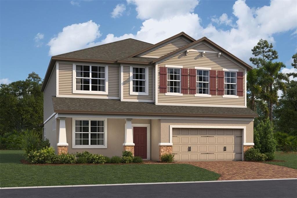 Front exterior of a new home in Estates at Rivercrest, Sanford, FL, highlighting curb appeal (Image 1).