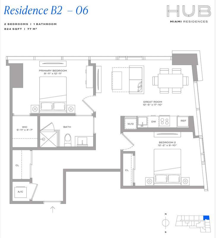 2D floor plan layout for the Residence B2 06 by The John Buck Company in HUB Miami, Miami, FL (Image 1). 2D floor plan layout for the Residence B2 06 by The John Buck Company in HUB Miami, Miami, FL (Image 1).