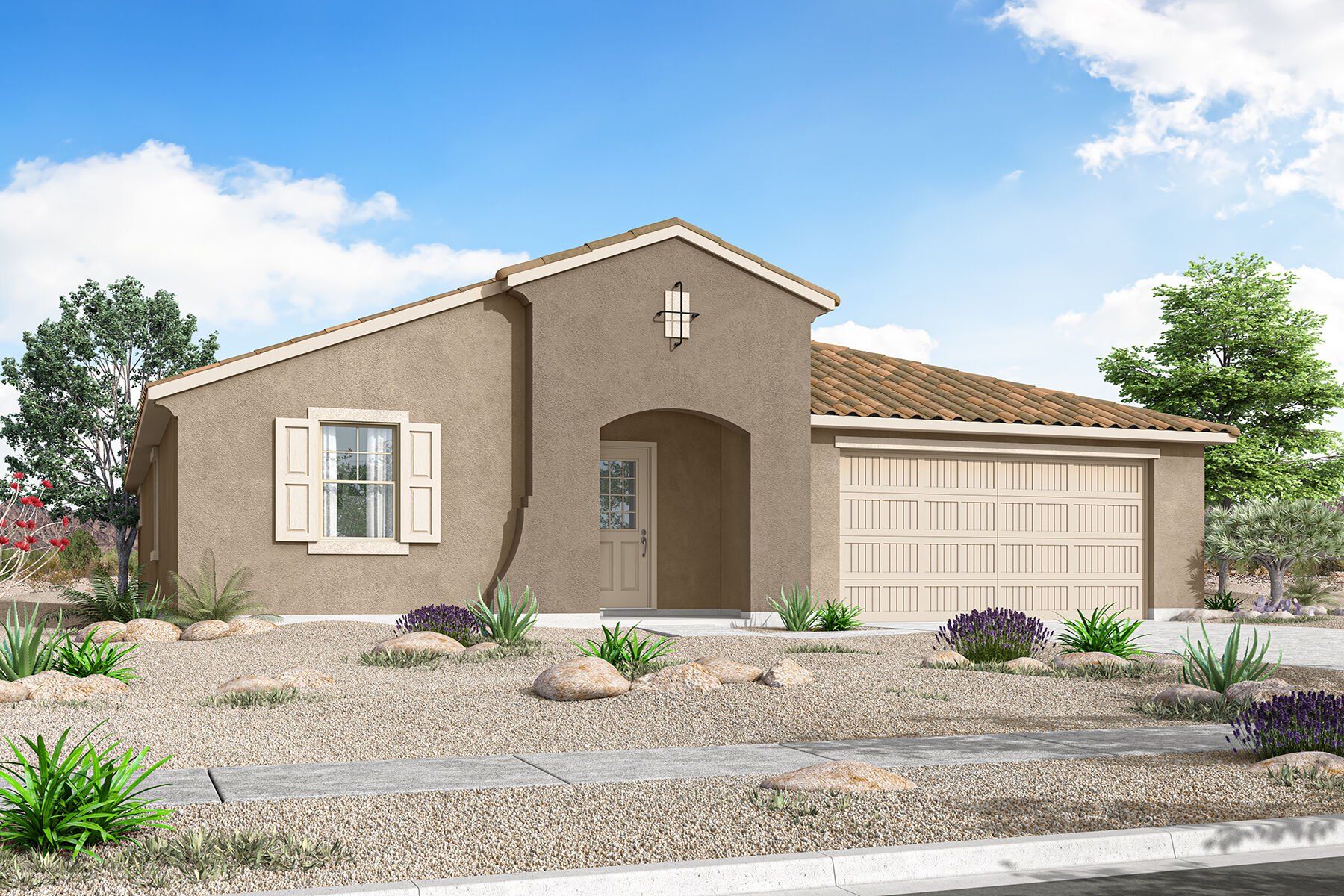 Front exterior of a new home in Las Ventanas, Goodyear, AZ, highlighting curb appeal (Image 1). Front exterior of a new home in Las Ventanas, Goodyear, AZ, highlighting curb appeal (Image 1).
