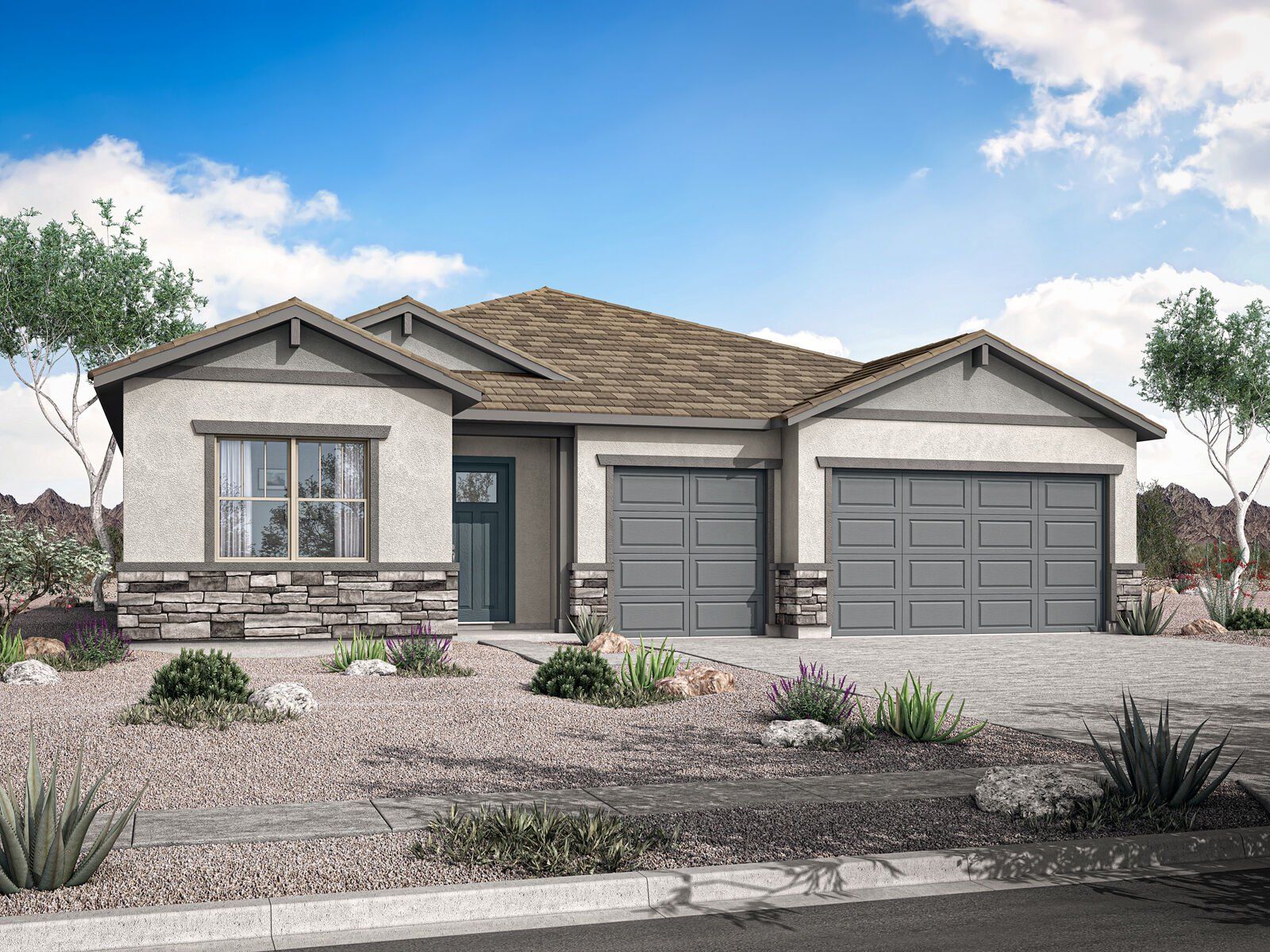 Front exterior of a new home in Landmarke, San Tan Valley, AZ, highlighting curb appeal (Image 1). Front exterior of a new home in Landmarke, San Tan Valley, AZ, highlighting curb appeal (Image 1).