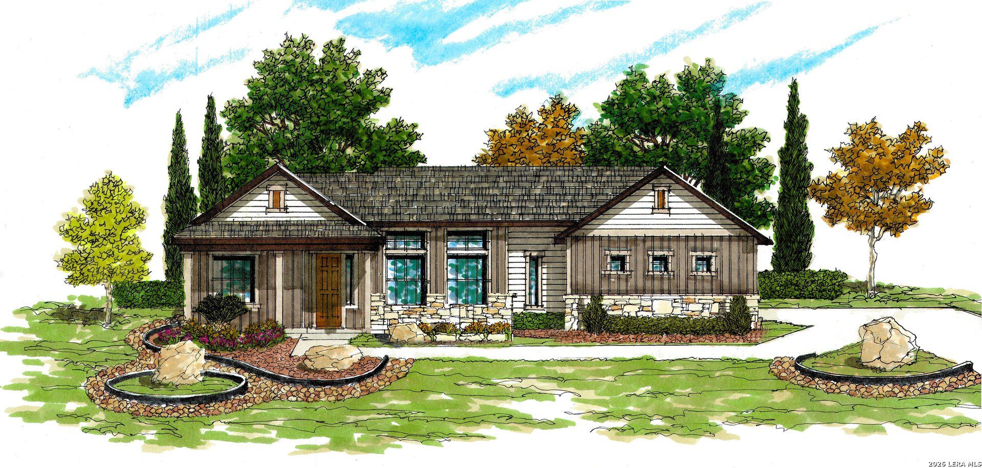 Exterior rendering of this home design in Pradera Ridge, Floresville, TX (Image 1). Exterior rendering of this home design in Pradera Ridge, Floresville, TX (Image 1).