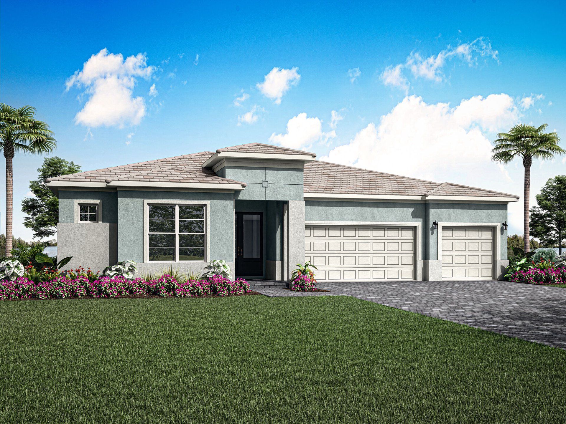 Front exterior of a new home in Tradition - Seville, Port St. Lucie, FL, highlighting curb appeal (Image 1).