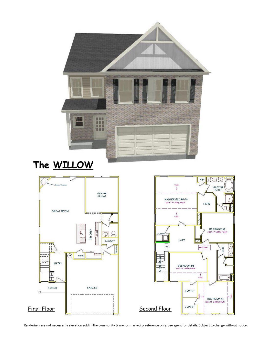 2D floor plan layout for the Willow by Capshaw in Peeksville Landing, Locust Grove, GA (Image 1).