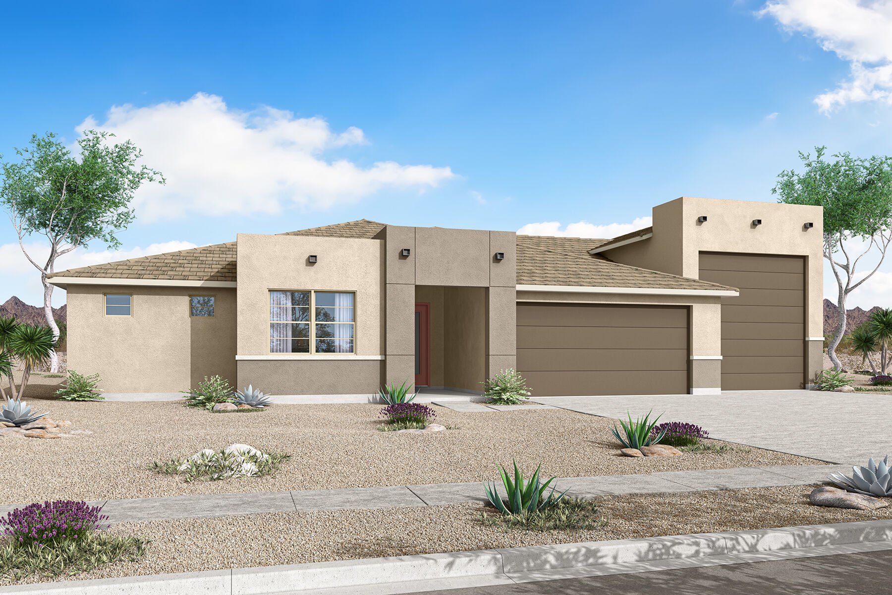 Front exterior of a new home in Las Ventanas - RV Collection, Goodyear, AZ, highlighting curb appeal (Image 1). Front exterior of a new home in Las Ventanas - RV Collection, Goodyear, AZ, highlighting curb appeal (Image 1).