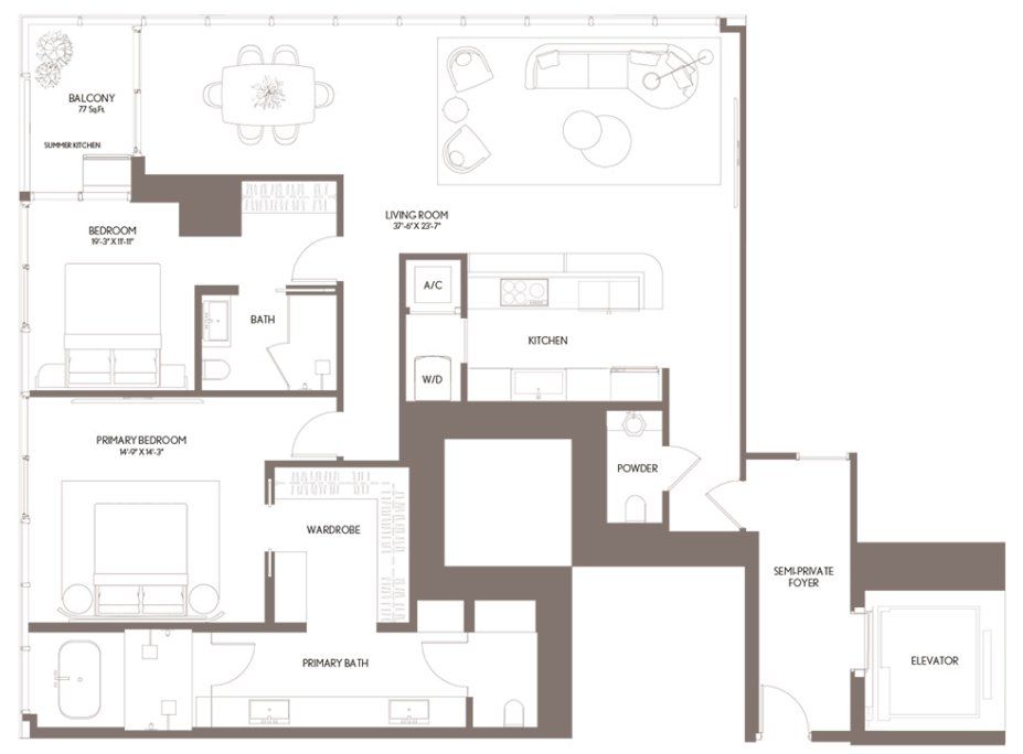 2D floor plan layout for the Residence 08 LVL 42-49 by Property Markets Group in Waldorf Astoria Residences Miami, Miami, FL (Image 1). 2D floor plan layout for the Residence 08 LVL 42-49 by Property Markets Group in Waldorf Astoria Residences Miami, Miami, FL (Image 1).