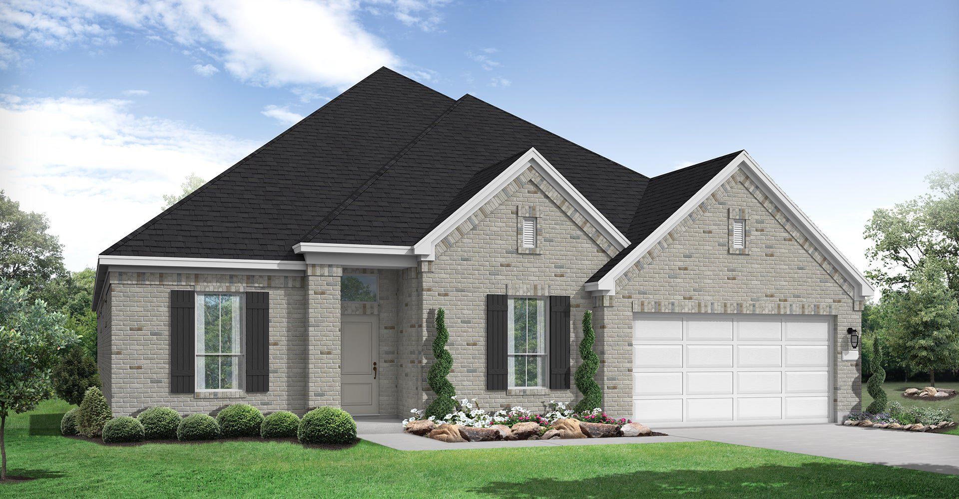 Front exterior of a new home in Parkside On The River, Georgetown, TX, highlighting curb appeal (Image 1).