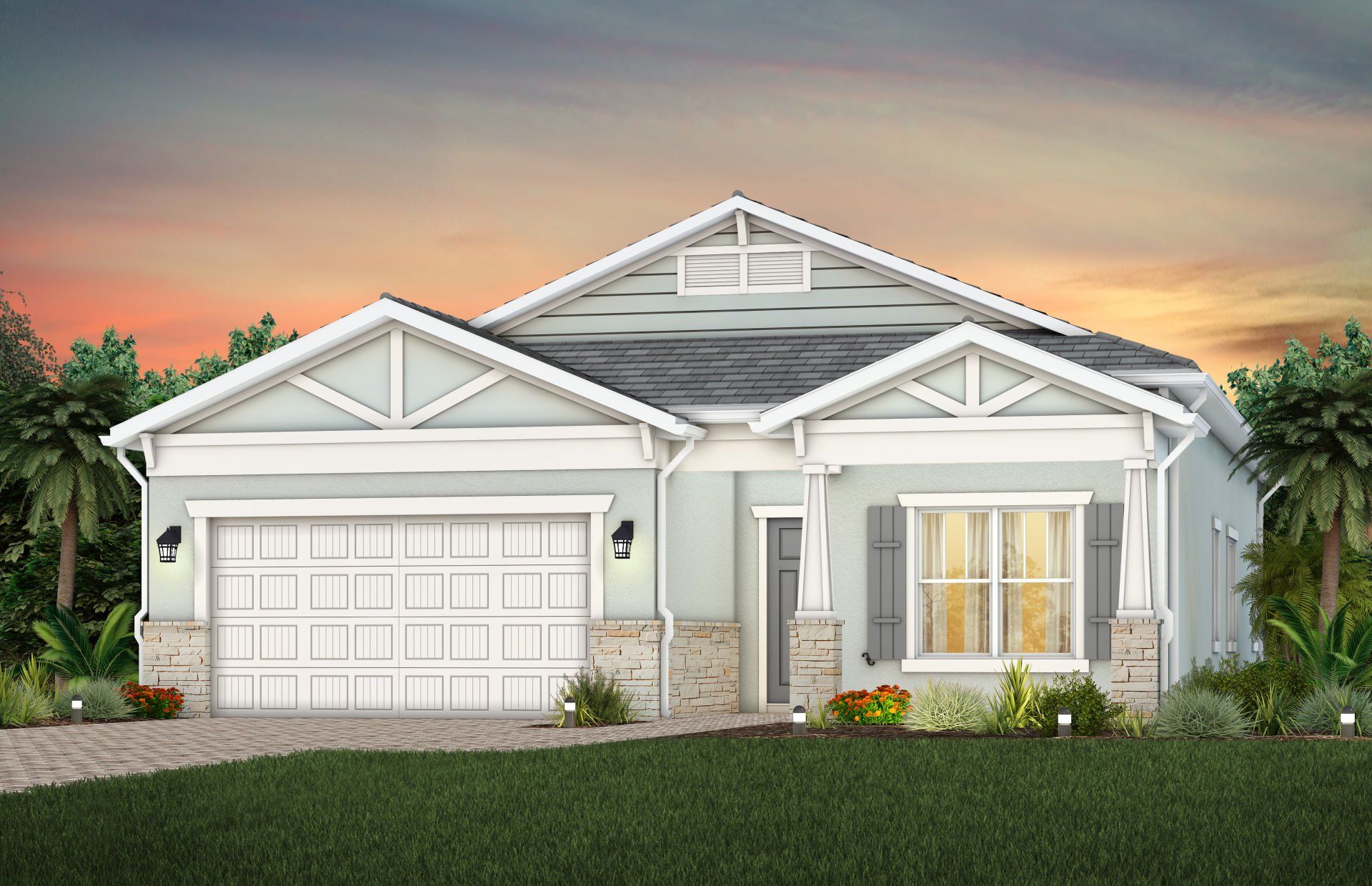 Front exterior of a new home in Avondale at Avenir, Palm Beach Gardens, FL, highlighting curb appeal (Image 1). Front exterior of a new home in Avondale at Avenir, Palm Beach Gardens, FL, highlighting curb appeal (Image 1).