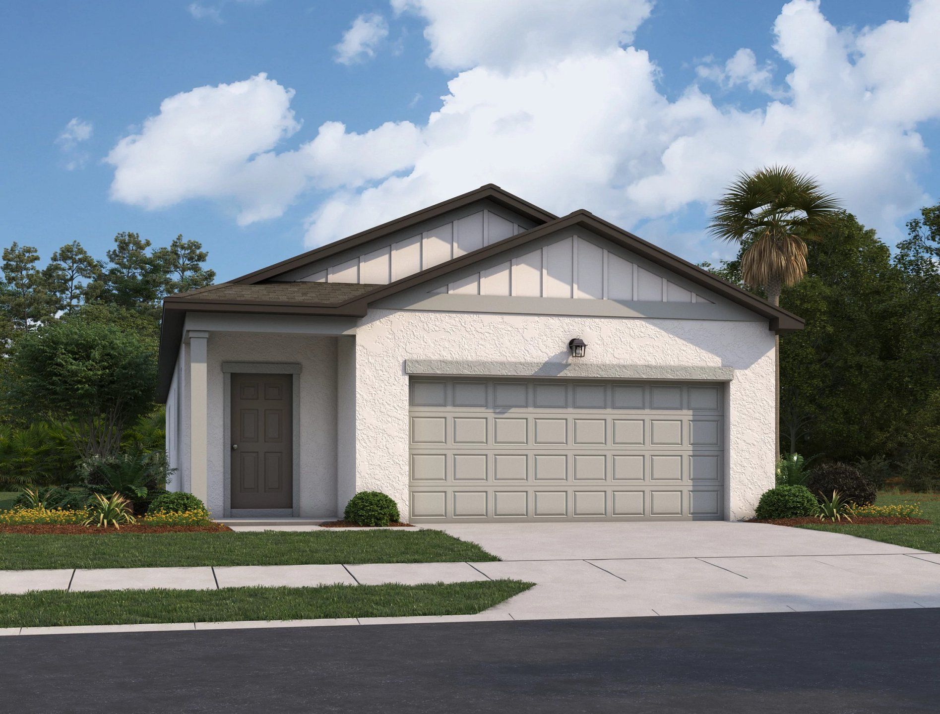 Front exterior of a new home in Oakfield Lakes, Parrish, FL, highlighting curb appeal (Image 1). Front exterior of a new home in Oakfield Lakes, Parrish, FL, highlighting curb appeal (Image 1).
