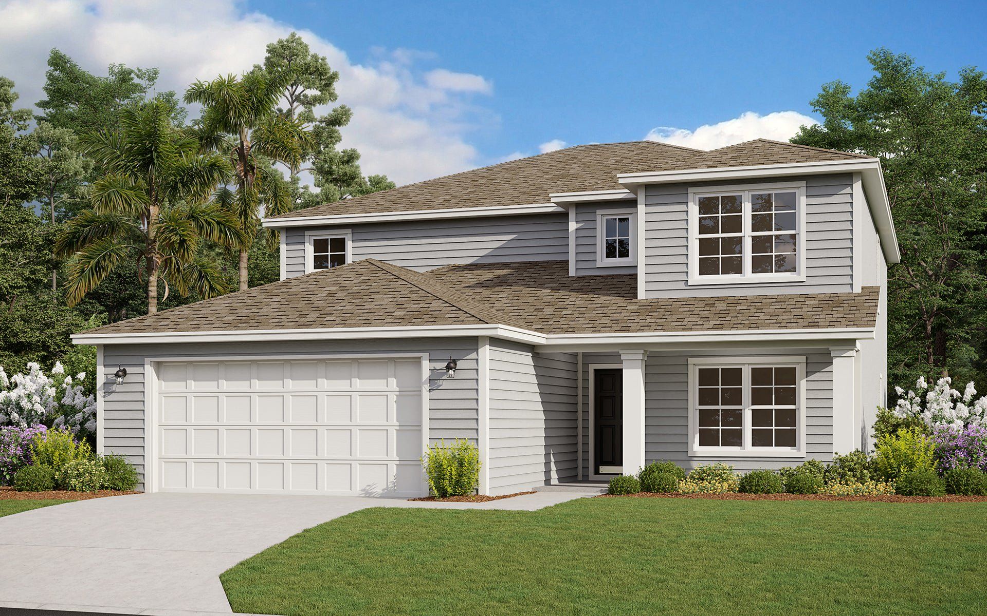 Front exterior of a new home in Cordova Palms, St. Augustine, FL, highlighting curb appeal (Image 1). Front exterior of a new home in Cordova Palms, St. Augustine, FL, highlighting curb appeal (Image 1).