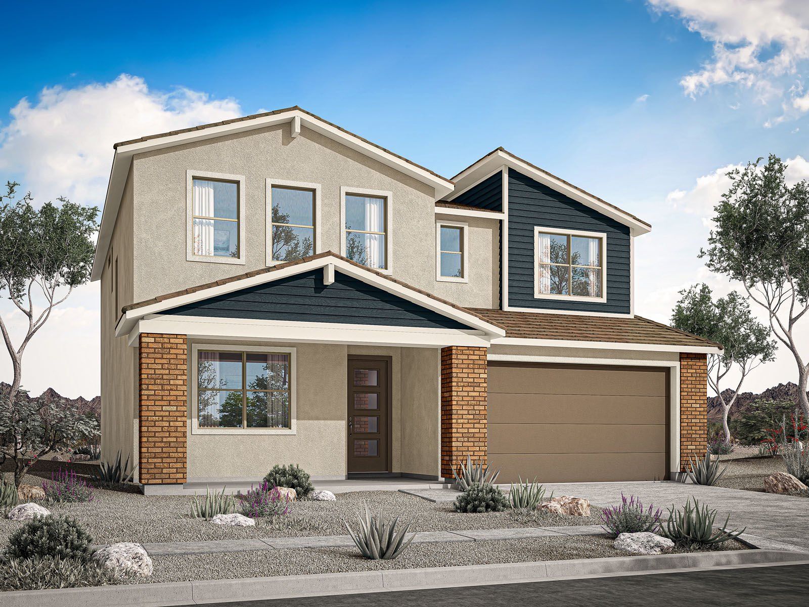 Front exterior of a new home in Rosewood Heights, San Tan Valley, AZ, highlighting curb appeal (Image 1). Front exterior of a new home in Rosewood Heights, San Tan Valley, AZ, highlighting curb appeal (Image 1).