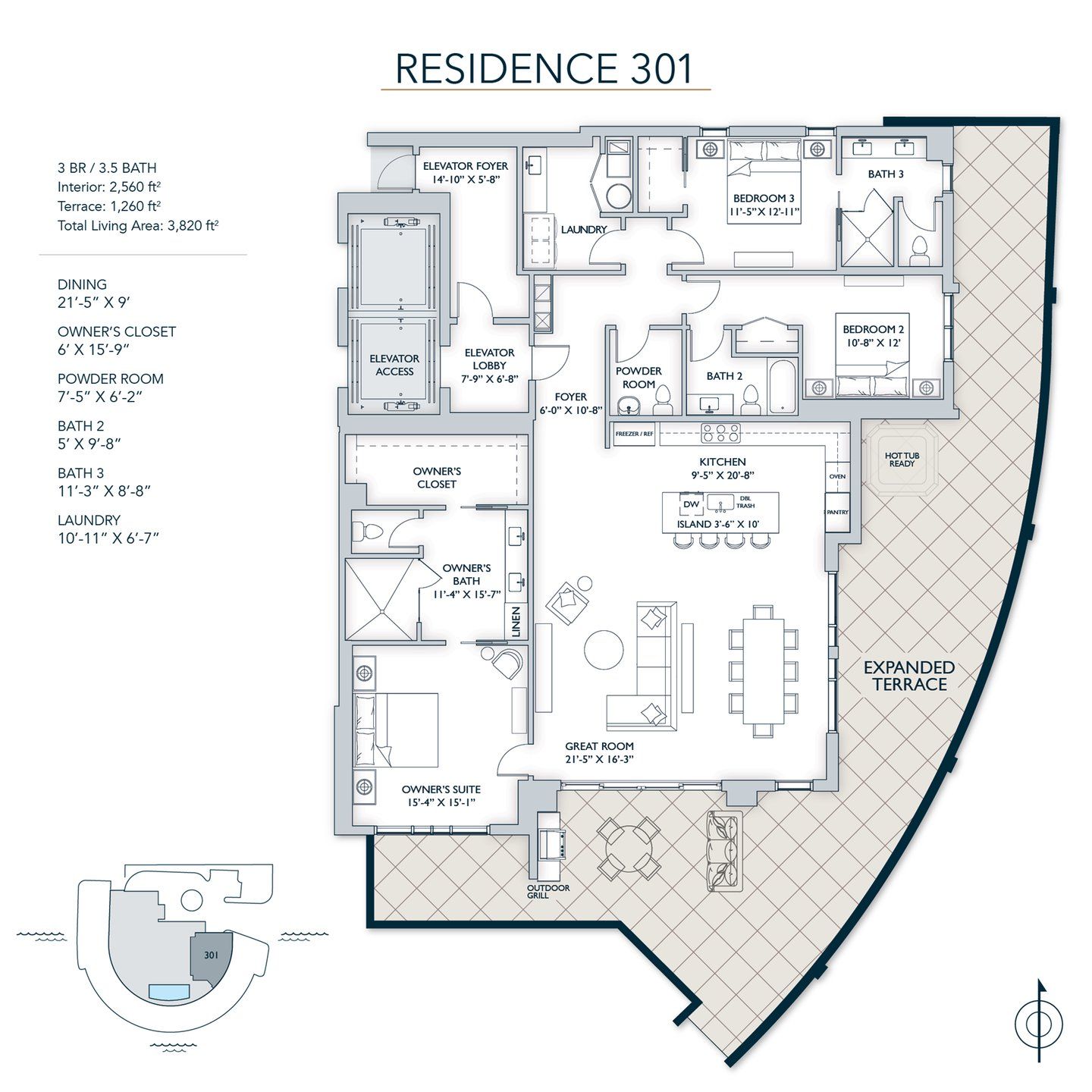 2D floor plan layout for the Residence 301 by The Ronto Group in The Owen Golden Gate Point, Sarasota, FL (Image 1).
