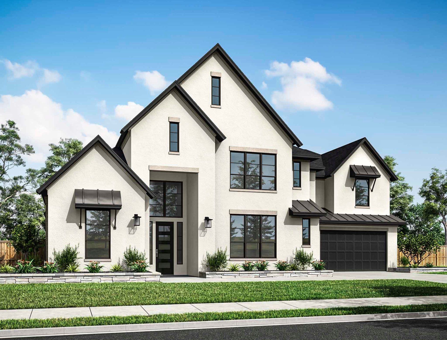 Front exterior of a new home in Dunham Pointe, Cypress, TX, highlighting curb appeal (Image 1). Front exterior of a new home in Dunham Pointe, Cypress, TX, highlighting curb appeal (Image 1).