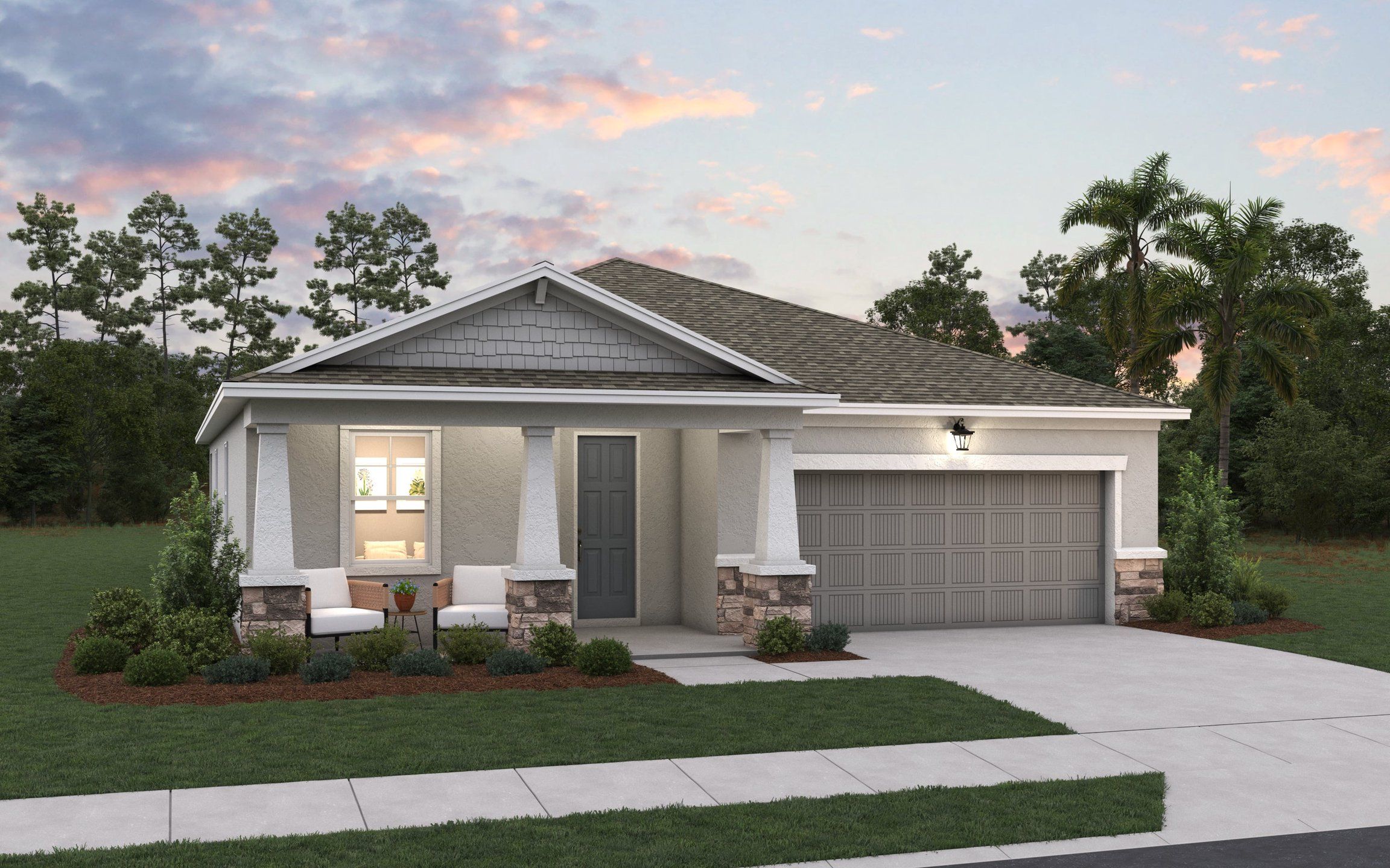 Front exterior of a new home in Creekside Run at Babcock Ranch, Punta Gorda, FL, highlighting curb appeal (Image 1).