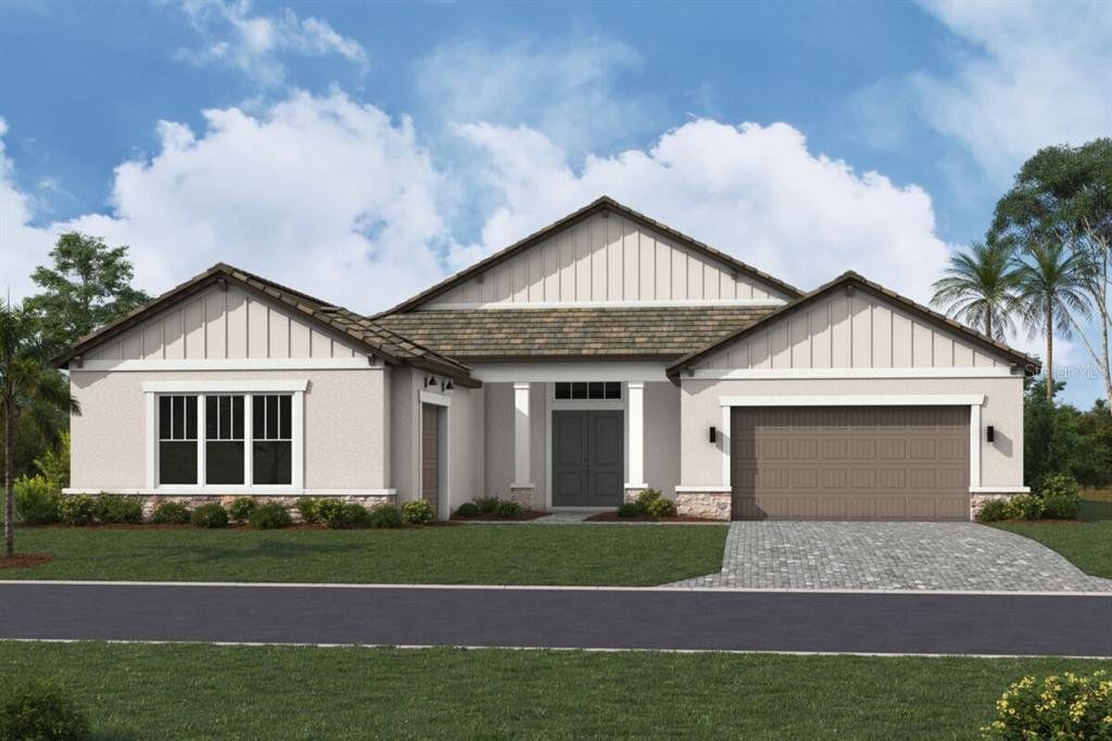 Front exterior of a new home in Palmera at Wellen Park, Venice, FL, highlighting curb appeal (Image 1). Front exterior of a new home in Palmera at Wellen Park, Venice, FL, highlighting curb appeal (Image 1).