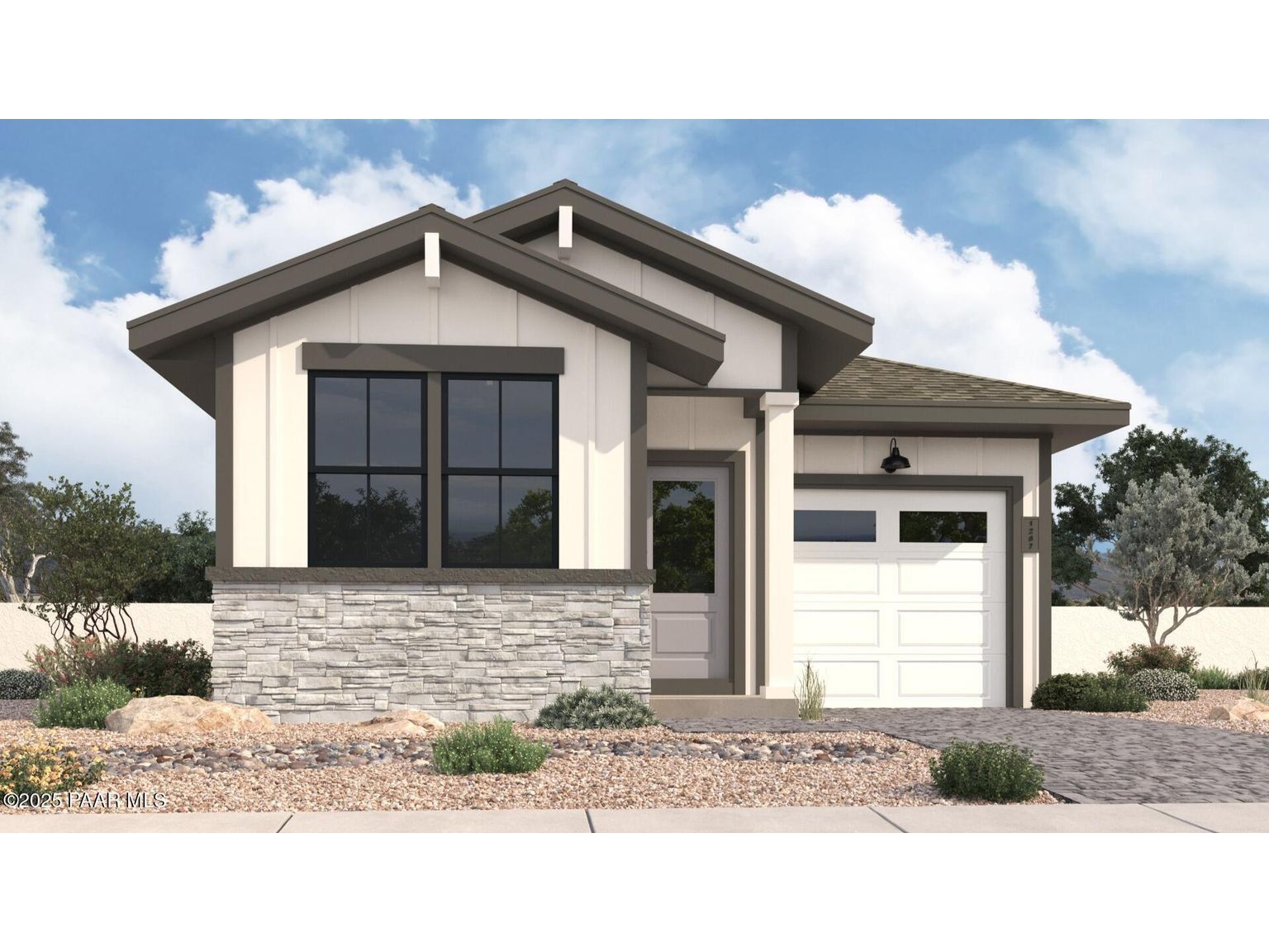 Front exterior of a new home in South Ranch Southern Collection, Prescott, AZ, highlighting curb appeal (Image 1).