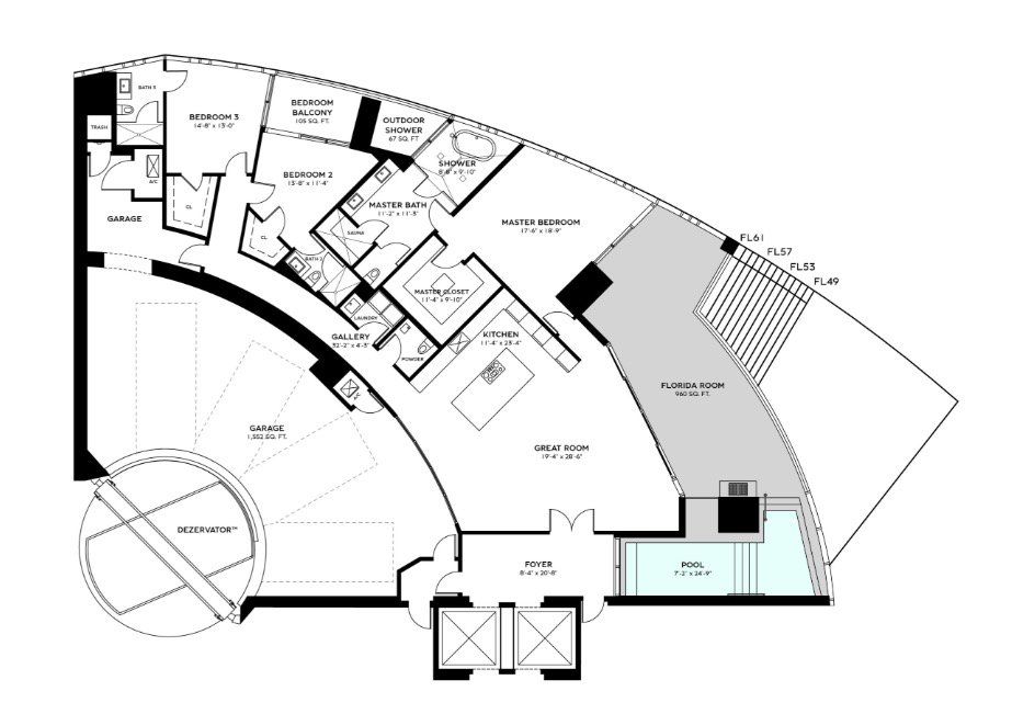 2D floor plan layout for the RESIDENCE ARNAGE - Floors 49 - 61 by Dezer Development in Bentley Residences, Sunny Isles Beach, FL (Image 1).