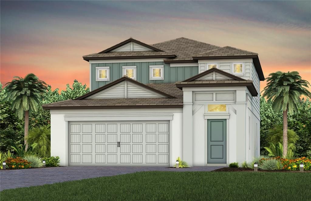 Front exterior of a new home in Longmeadow at North River Ranch, Parrish, FL, highlighting curb appeal (Image 1). Front exterior of a new home in Longmeadow at North River Ranch, Parrish, FL, highlighting curb appeal (Image 1).