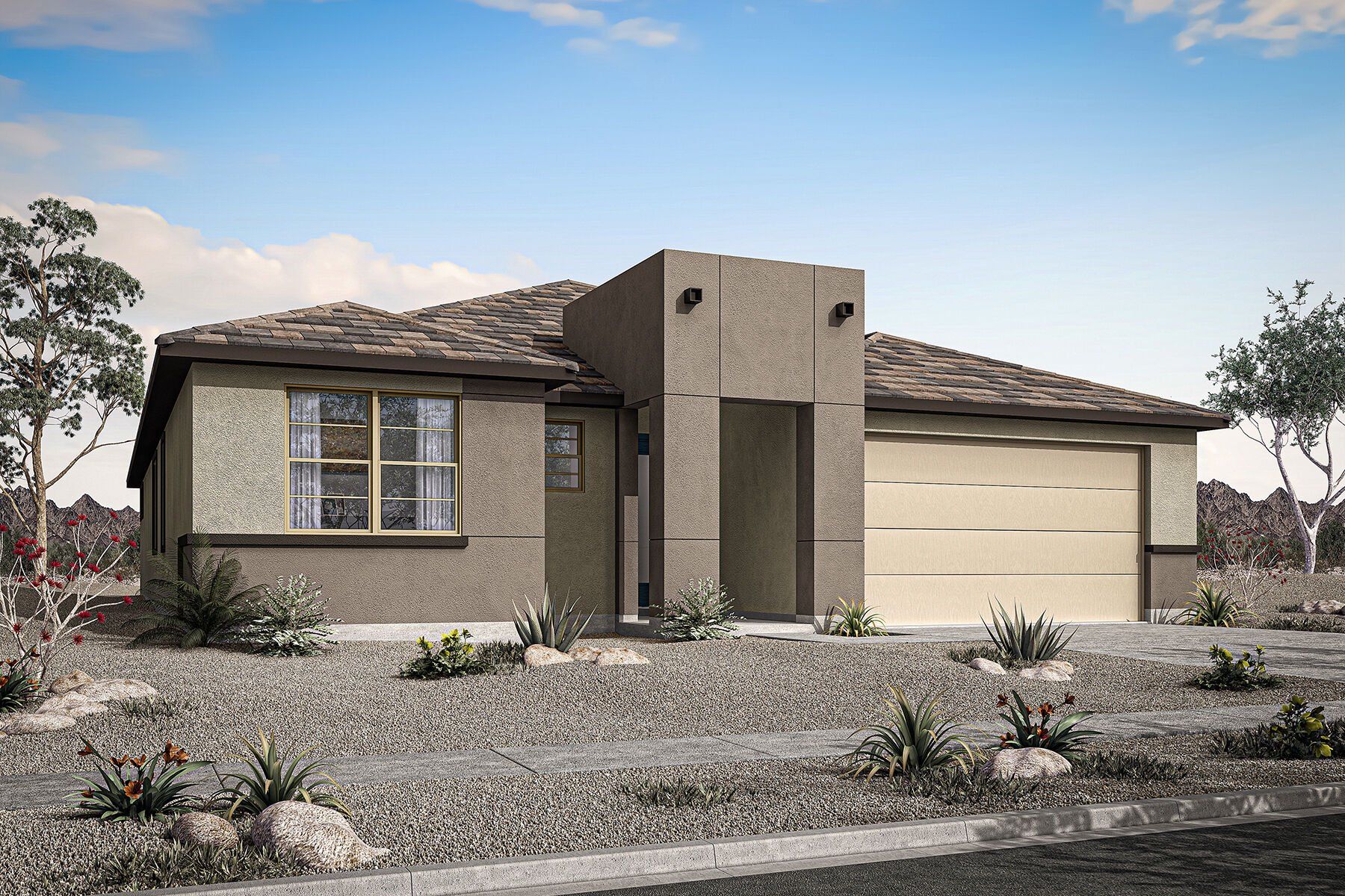 Front exterior of a new home in Miravida, Surprise, AZ, highlighting curb appeal (Image 1). Front exterior of a new home in Miravida, Surprise, AZ, highlighting curb appeal (Image 1).