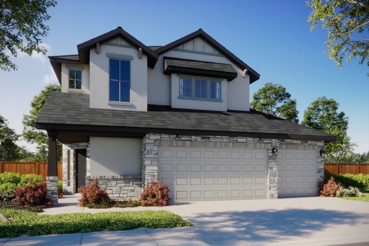Front exterior of a new home in Crosswinds, Kyle, TX, highlighting curb appeal (Image 1). Front exterior of a new home in Crosswinds, Kyle, TX, highlighting curb appeal (Image 1).