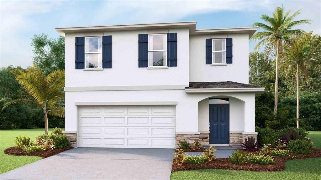 Front exterior of a new home in Deerbrook, Land O' Lakes, FL, highlighting curb appeal (Image 1).